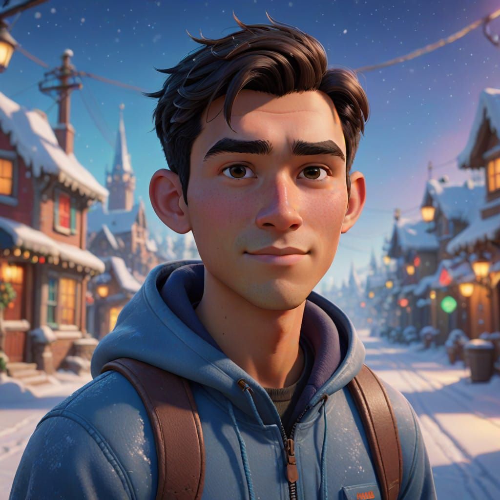 Young Hispanic Man with Pointy Ears in a Bright Winter Scene