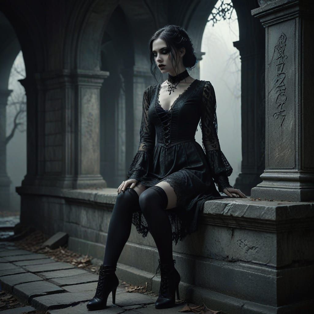 Gothic Fantasy Art: Elegant Goth Girl in Lace Dress