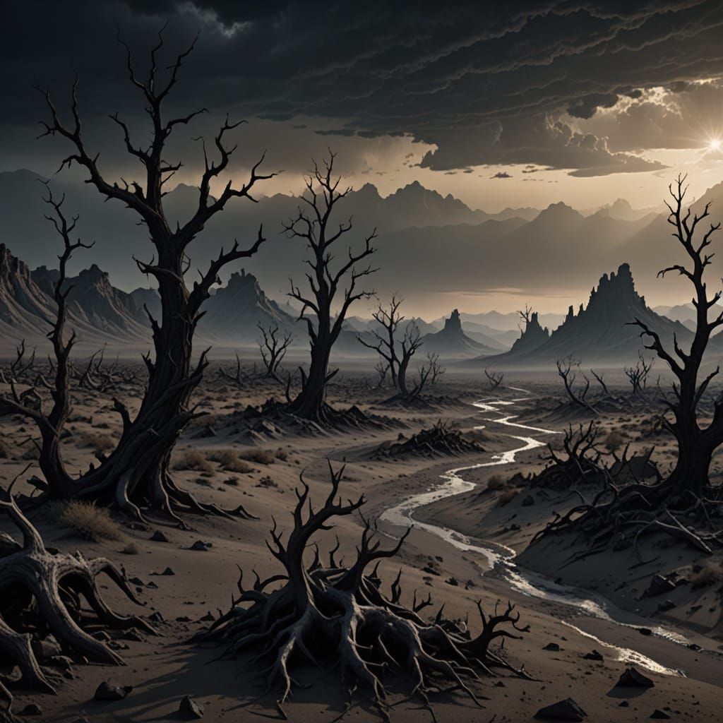 Dark Fantasy Wasteland Under Twilight Sky