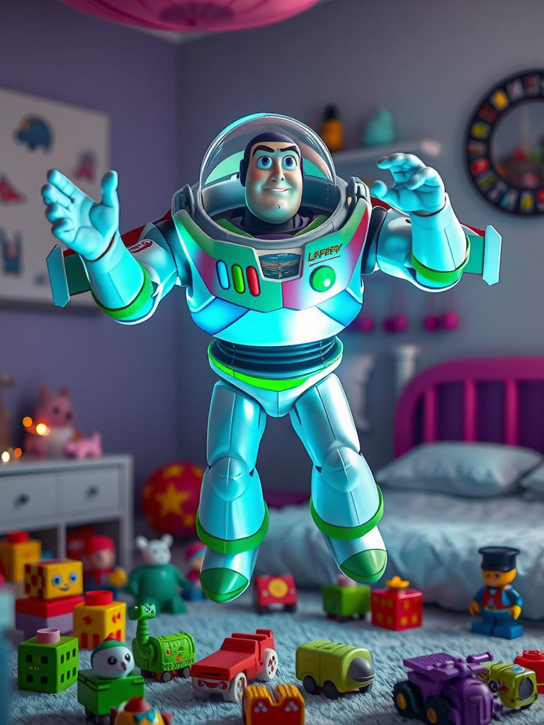 Futuristic Neon Buzz Lightyear in Reflective Spacesuit
