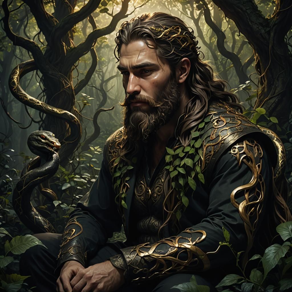Mystical Man with Snake Beard in Dark Forest