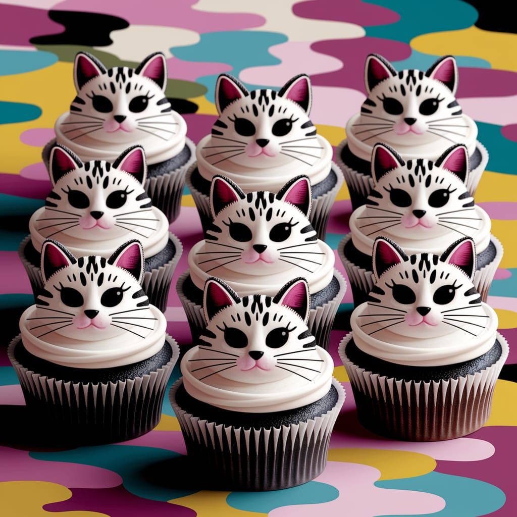 Kitty Cat Cupcakes on Abstract Background