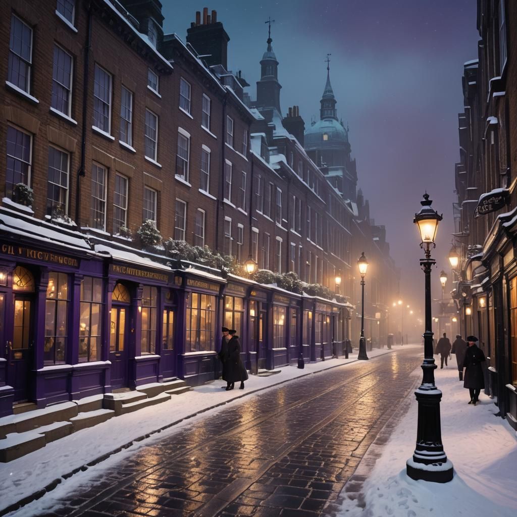Victorian London Street Scene in Winter, Dreamlike Ambiance