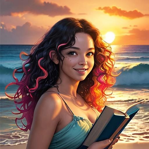 Woman Reading Book on Beach at Sunset: Splash Art