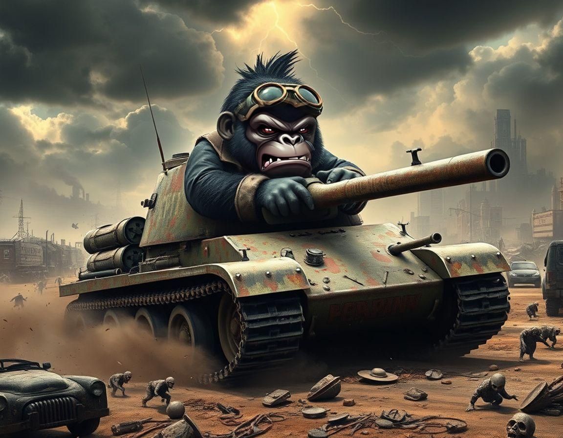 Chibi Gorilla in Sherman Tank, Apocalyptic Wasteland