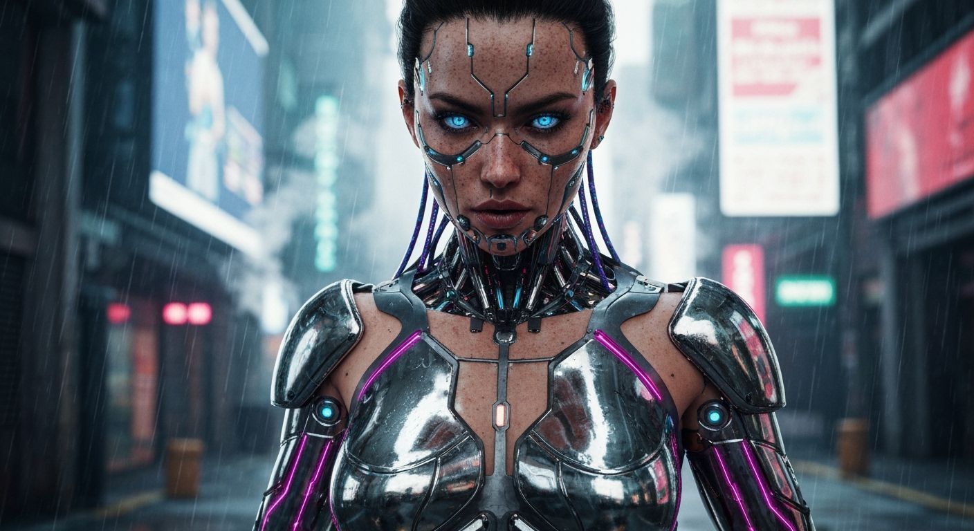 Cybernetic Woman in Neon Alley Portrait