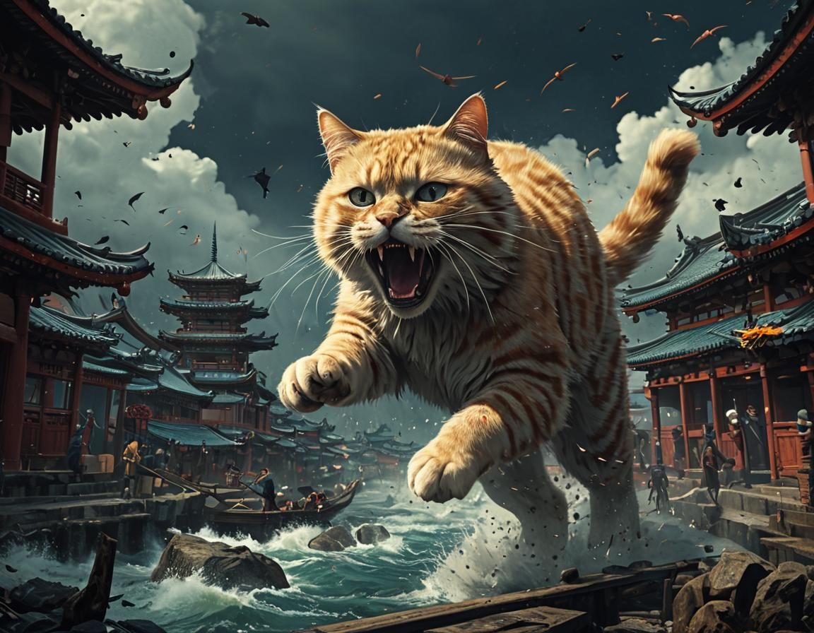 Ukiyo-e Kitty Attack: Detailed Digital Painting