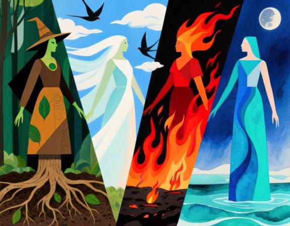 Four Elemental Witches in Modern Bauhaus Style