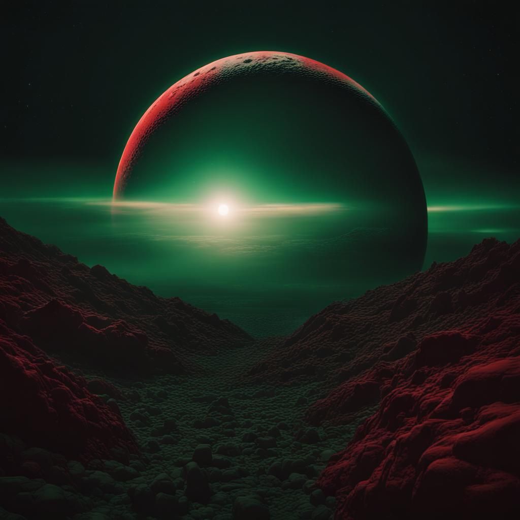 Spiritual Moon in Deep Green and Red Atmosphere