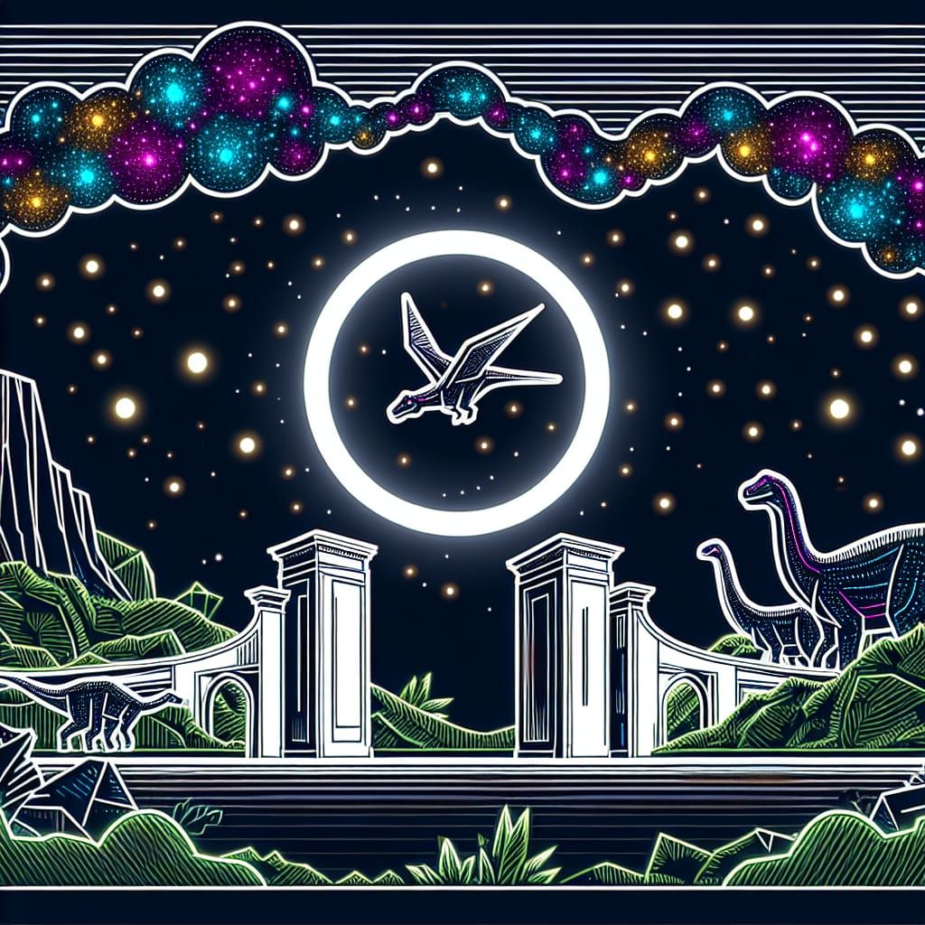 Bioluminescent Gates in Cartoon Landscape with Geometric Ske...