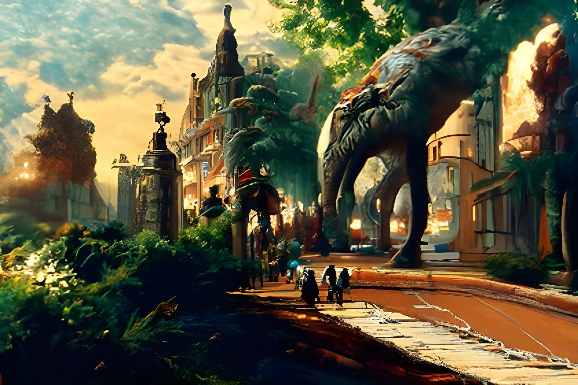 Dinotopian Streets: A 19th Century Oil Painting