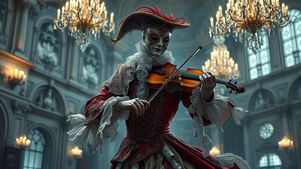 Masked Figure Dancing in Lavish Venetian Palace