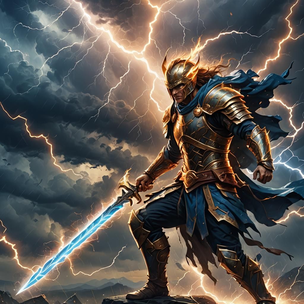 Warrior Wields Lightning Sword in Stormy Sky