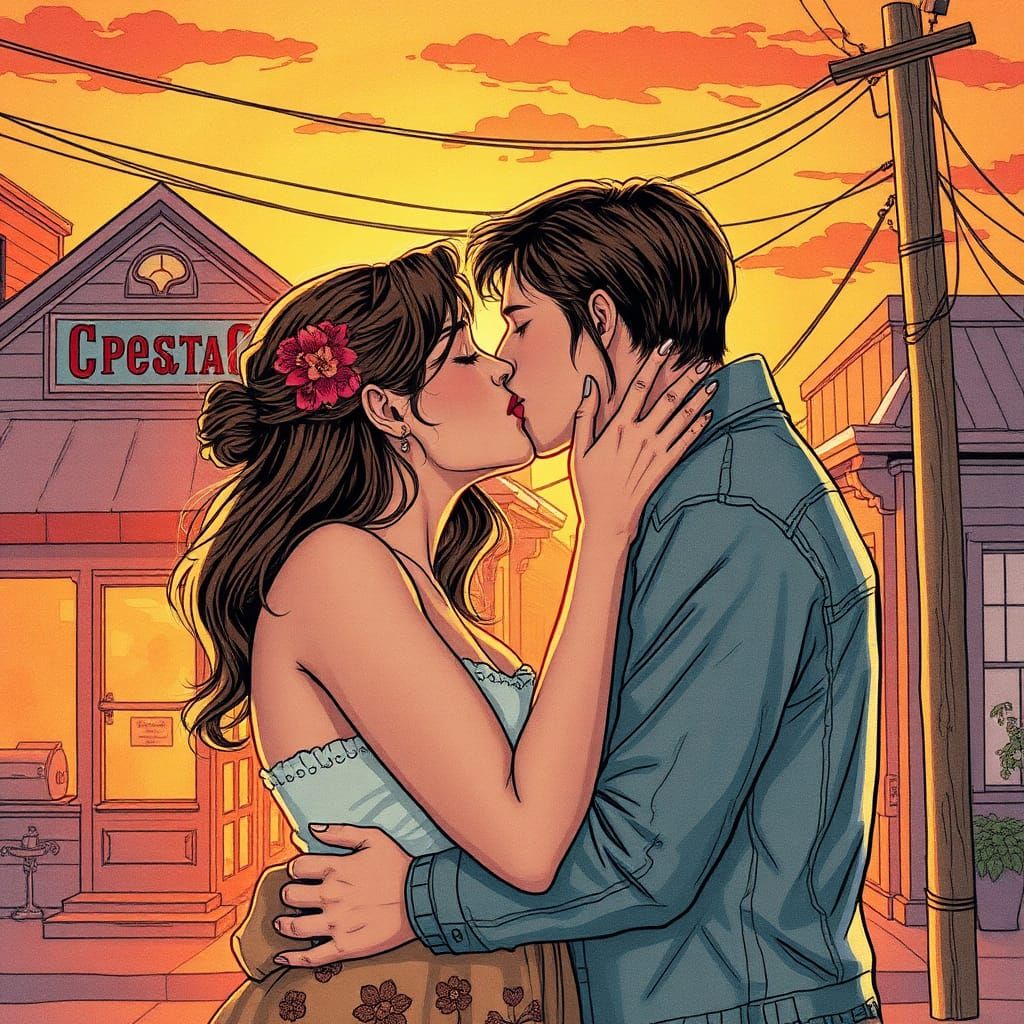Passionate Kiss in Comic Book Style