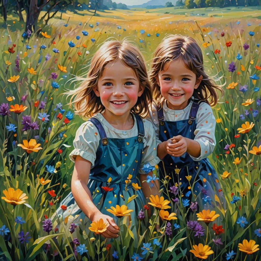 Neo-Impressionist Siblings Counting Stars in Meadow