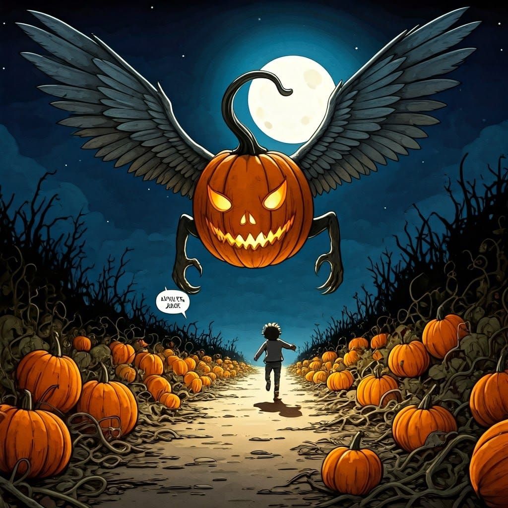 Winged Pumpkin Chase: Watercolour Ink Illustration