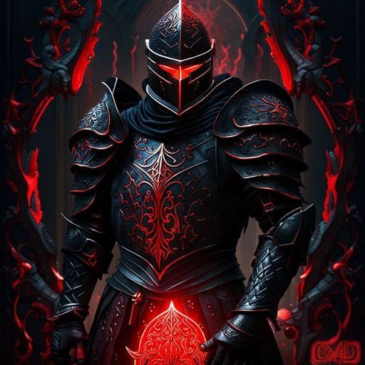 Knight in Black Armor with Glowing Runes