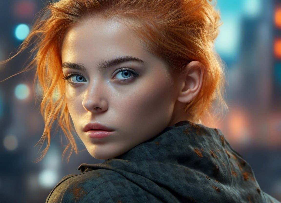 Orange Hair, Glowing Sapphire eyes, Smiling cute, serene, In...