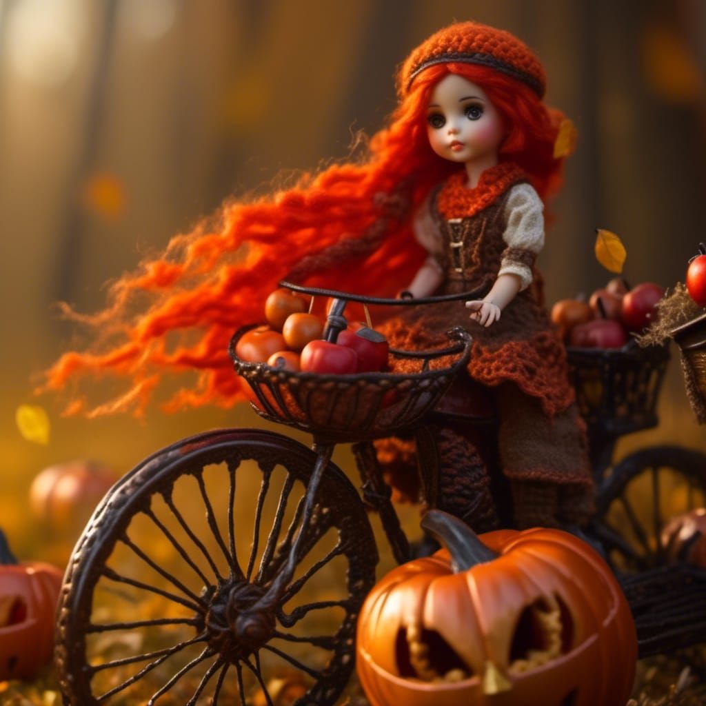 Crocheted Steampunk Doll Rides Autumn Bicycle