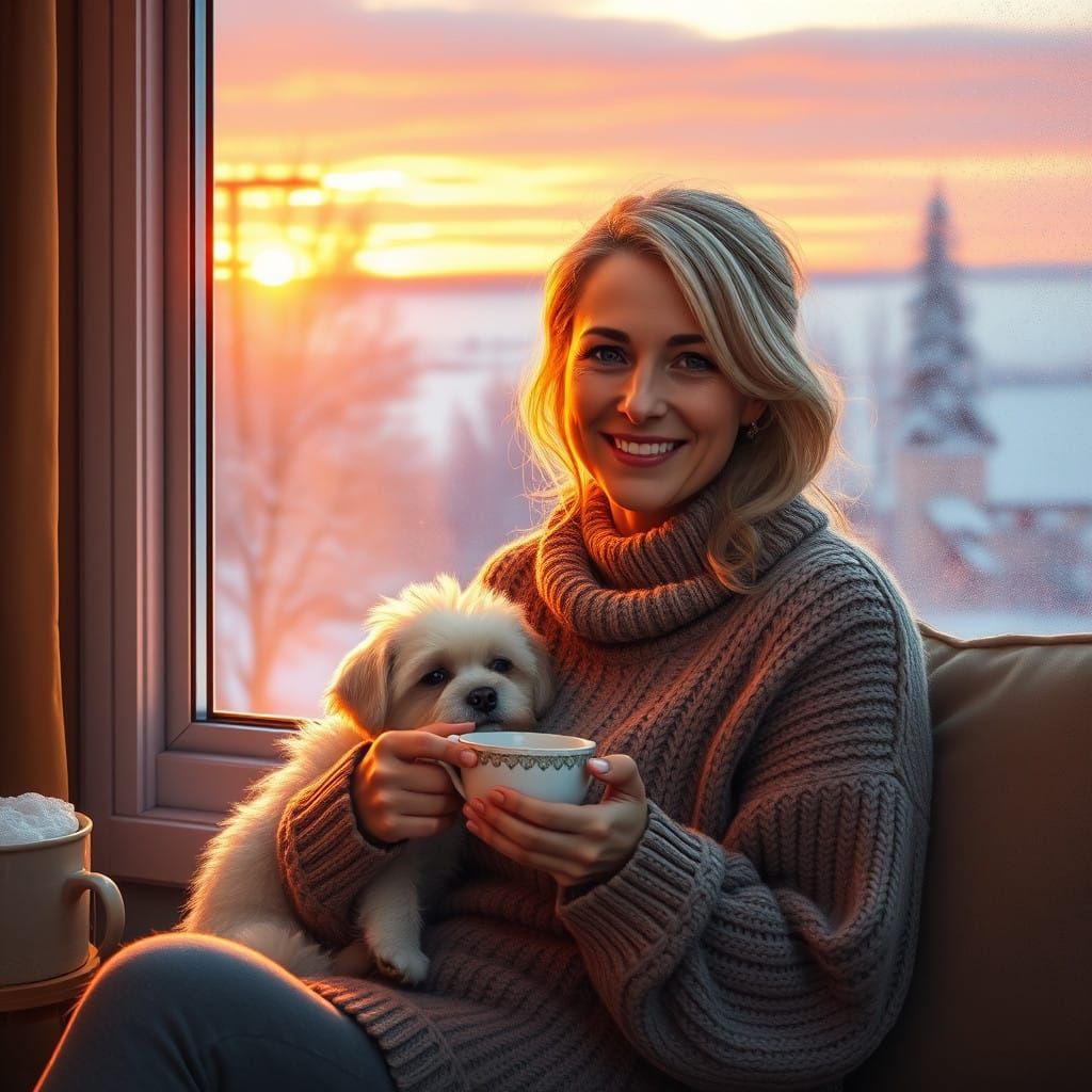 Warm Winter Scene with Cozy Woman and Dog