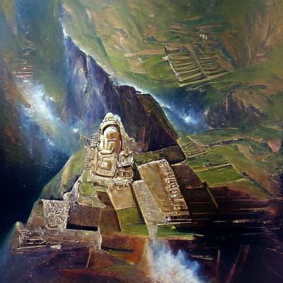 Machu Picchu in Space as Oil Painting