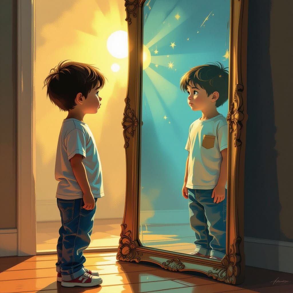 Boy and Future Self Reflected in Mystical Mirror