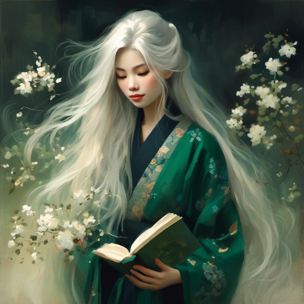 Ethereal Woman in Kimono with Book, Magical Realism
