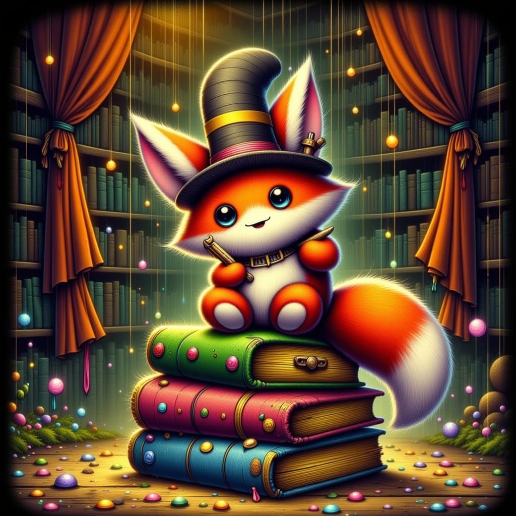 Mischievous Fox in Top Hat Writes in Cozy Library