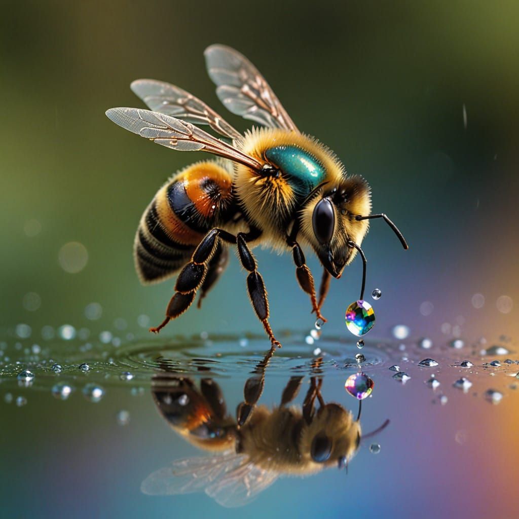 Bee Reflected in a Rainbow Water Droplet