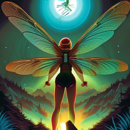 beautiful dragonfly girl Dan Mumford style