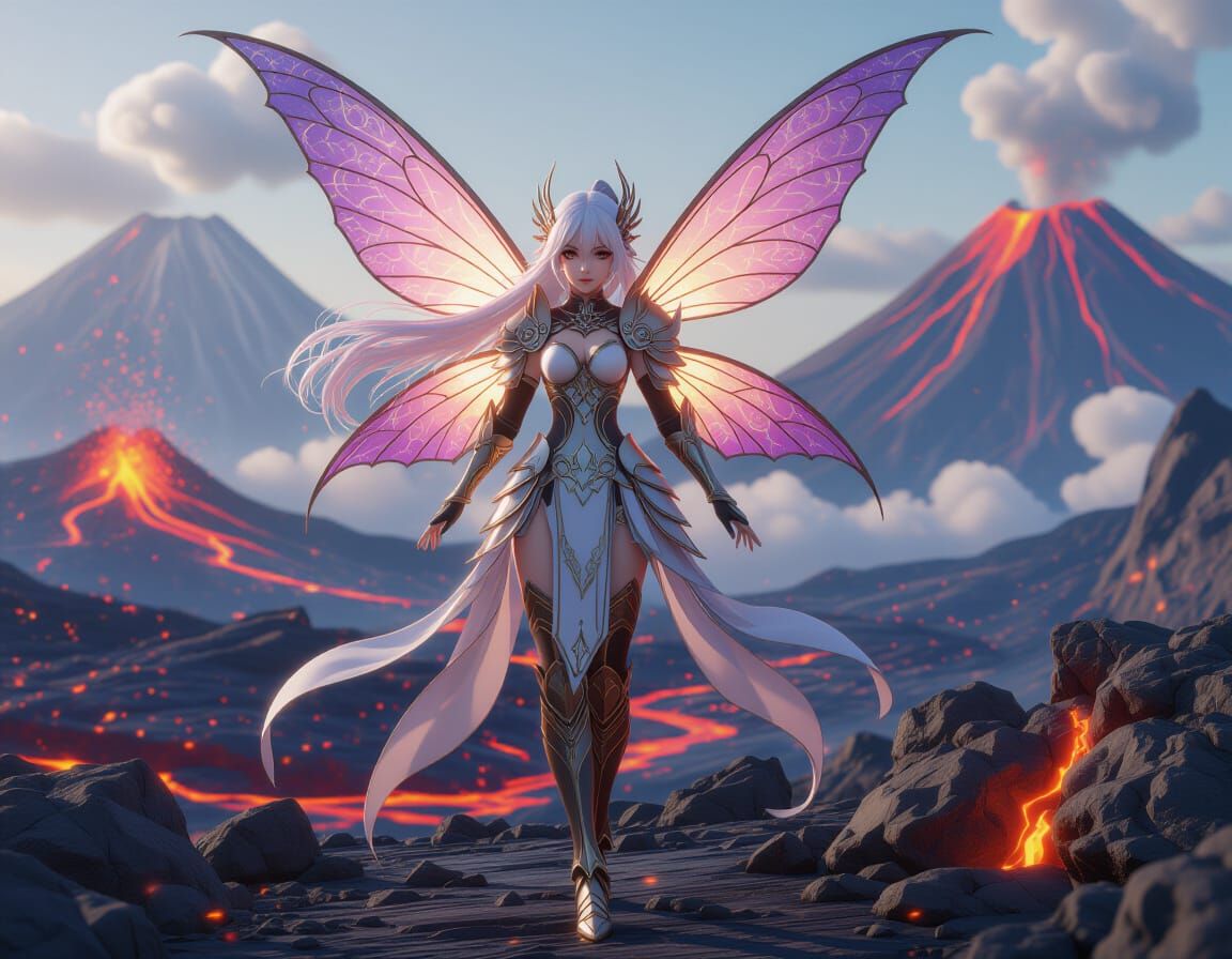 Volcanic Fairy in Anime Style with Erupting Volcanoes