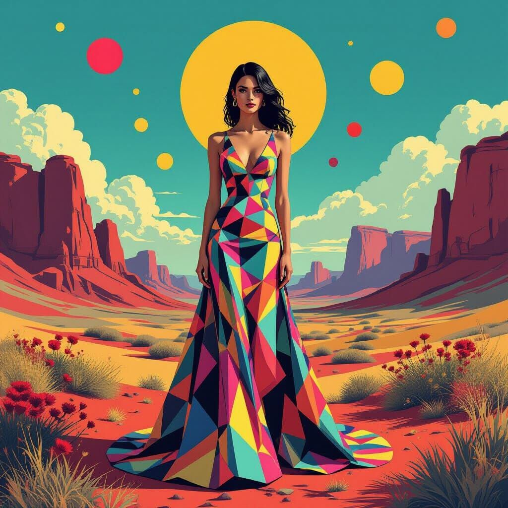 Surreal Geometric Woman in Pop Art Landscape