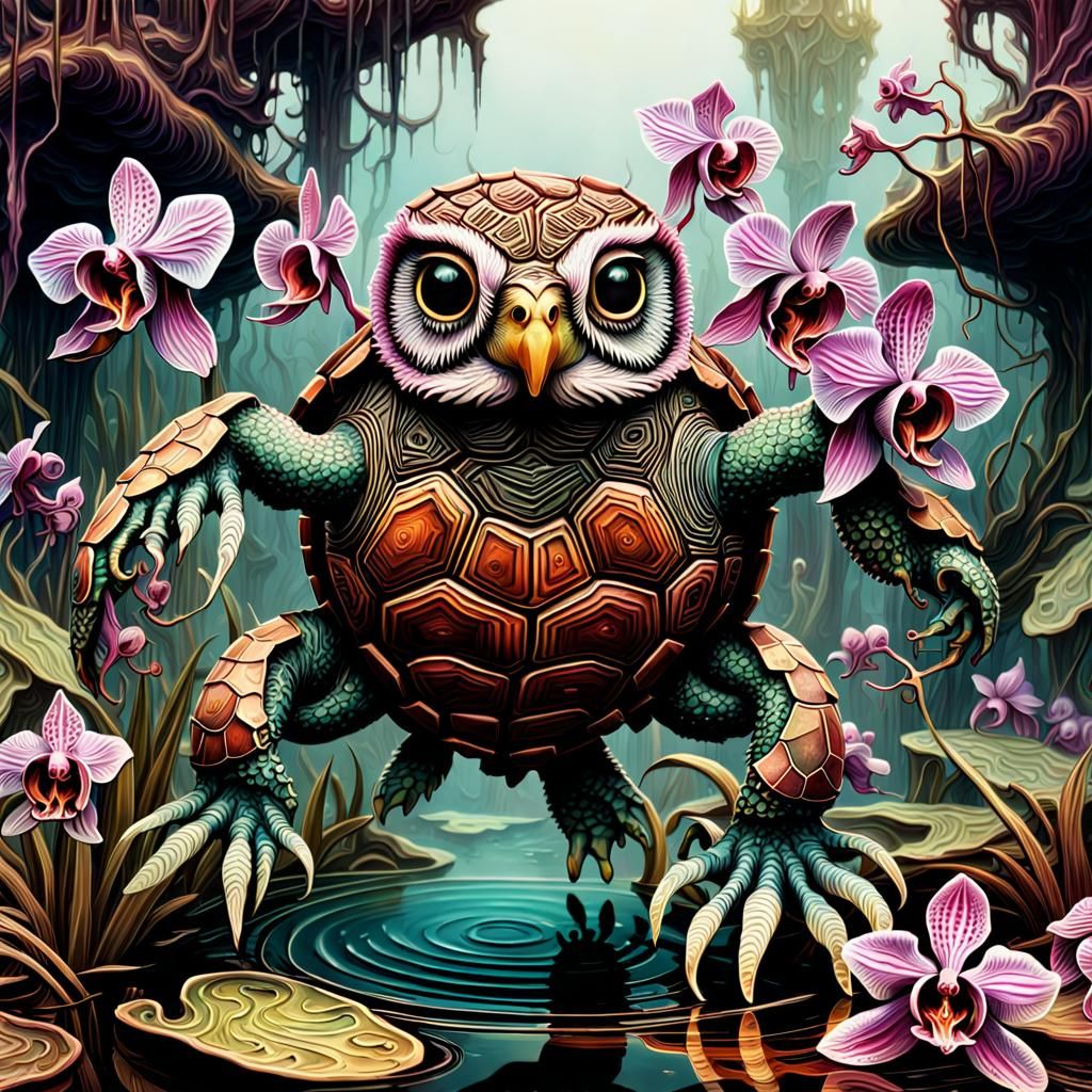 Glitchy Hybrid Turtle-Owl in a Bog: Digital Art