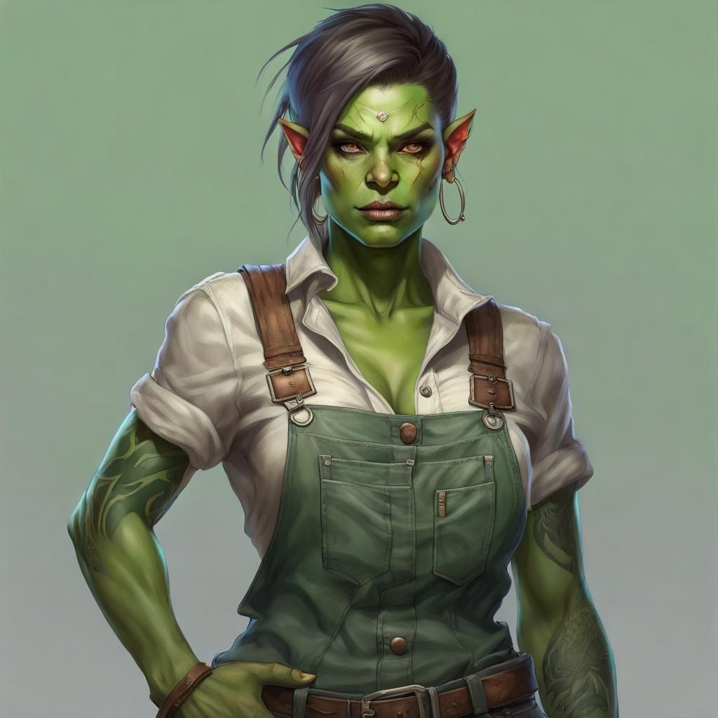 Half-Orc Female Portrait in Overalls