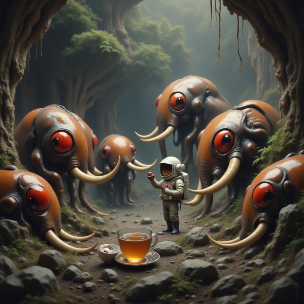 Astronaut Sips Tea With Curious Bug Aliens in Cave