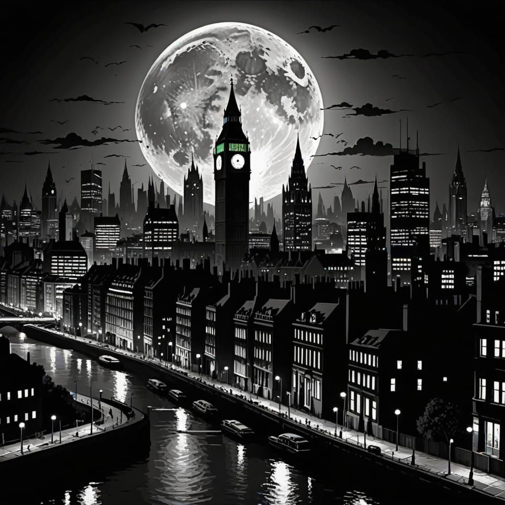 Surreal Midnight London in Neon Noir Splash Art