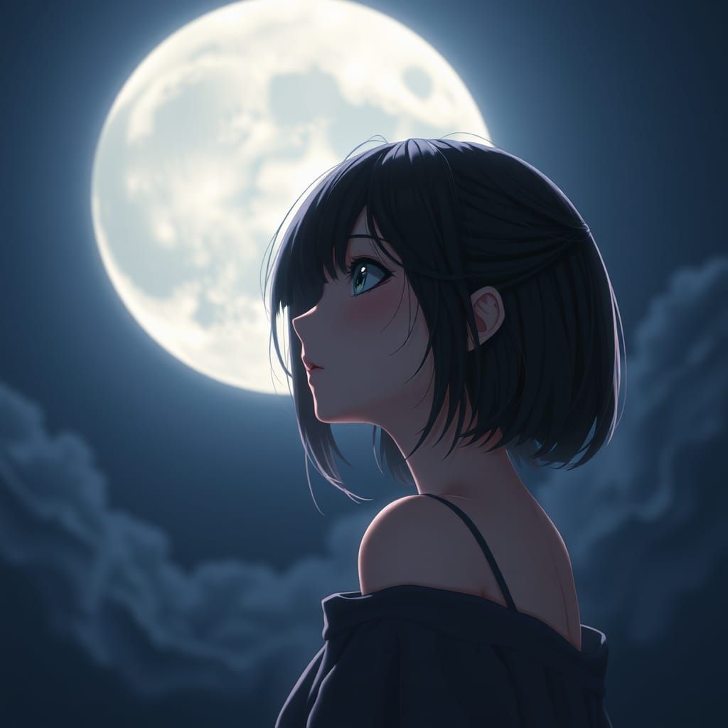 Anime Girl with Rabbit Stares at Moon