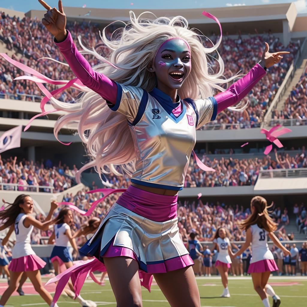 Alien Teen Cheerleader Cheers on Windy Sidelines