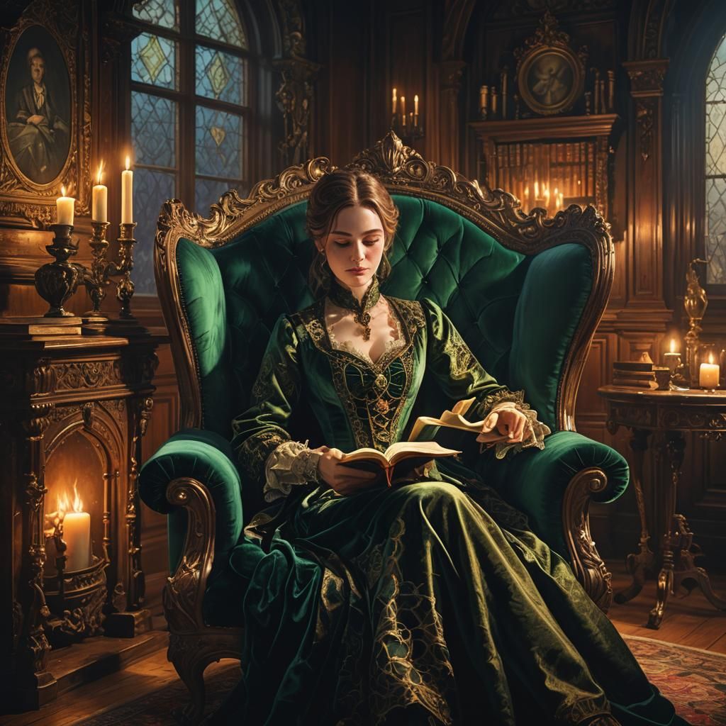 Victorian Woman Reading by Firelight: Gothic Art