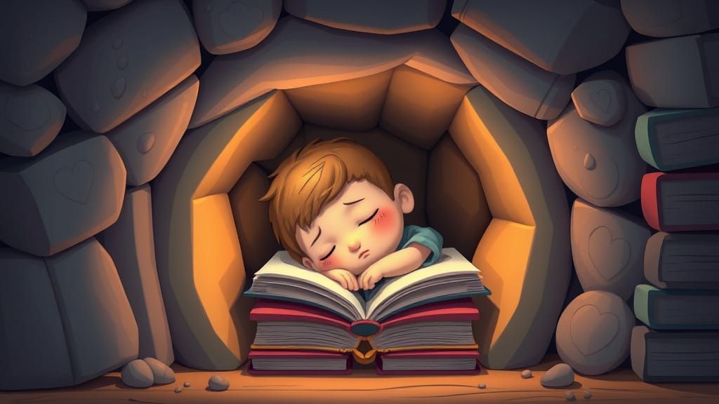 Cozy Book Cavern: 3D Toon Child Sleeping