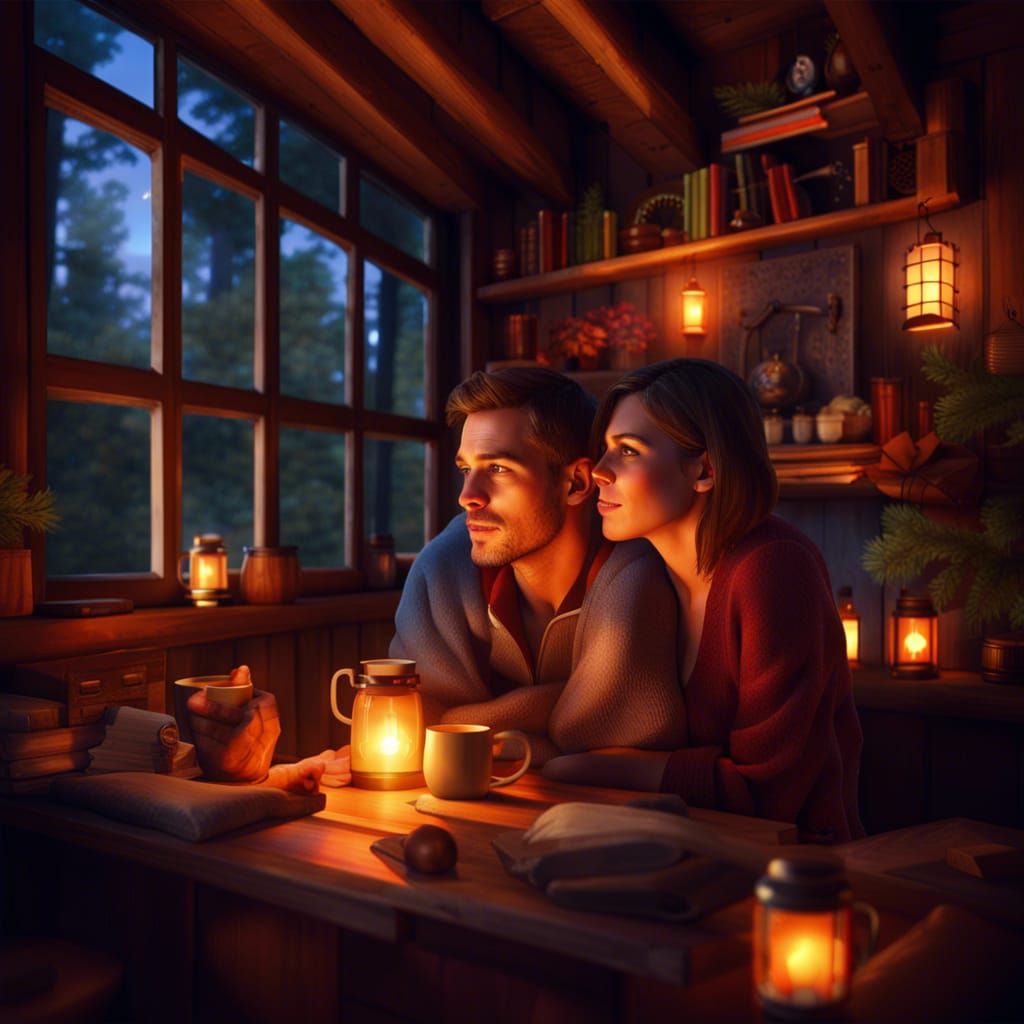 Moonlit Cabin: Cozy Couple in Photorealistic Detail