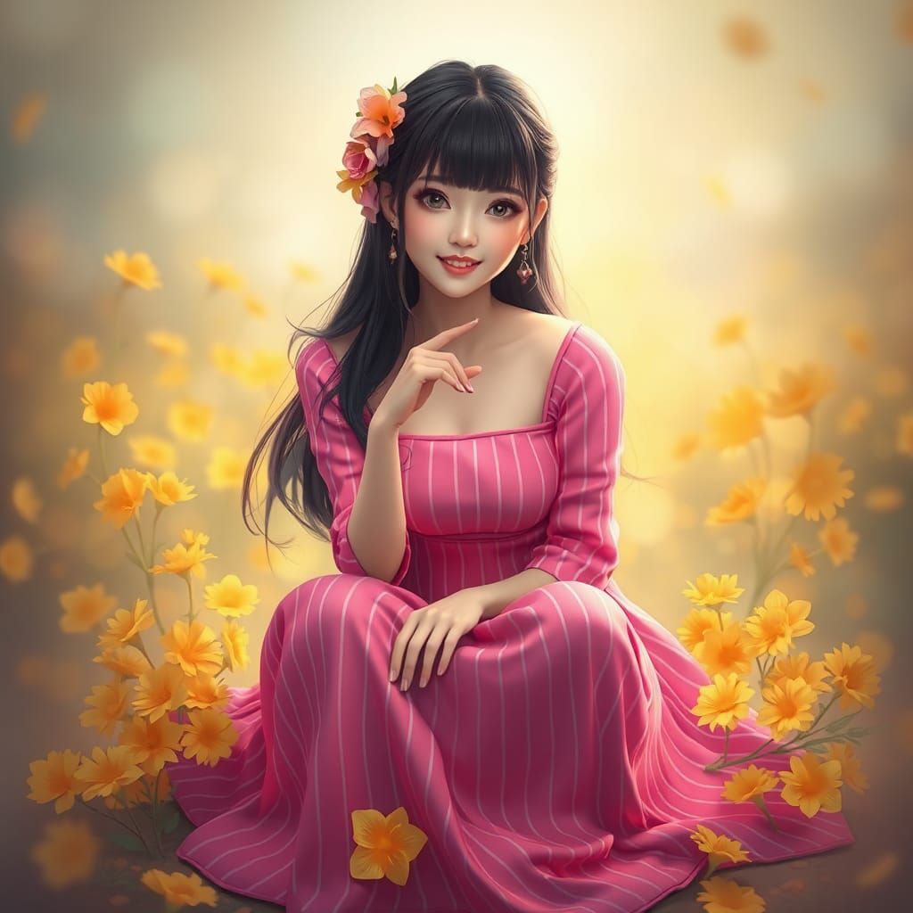 Beautiful Woman with Flowers, Fantasy Concept Art