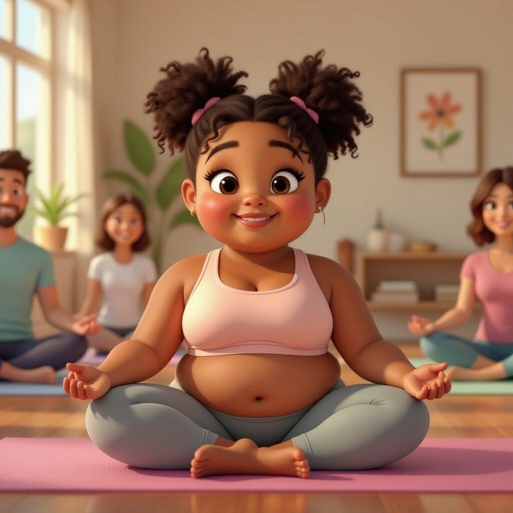 Chubby Girl Doing Savasana in Animation Cel Style