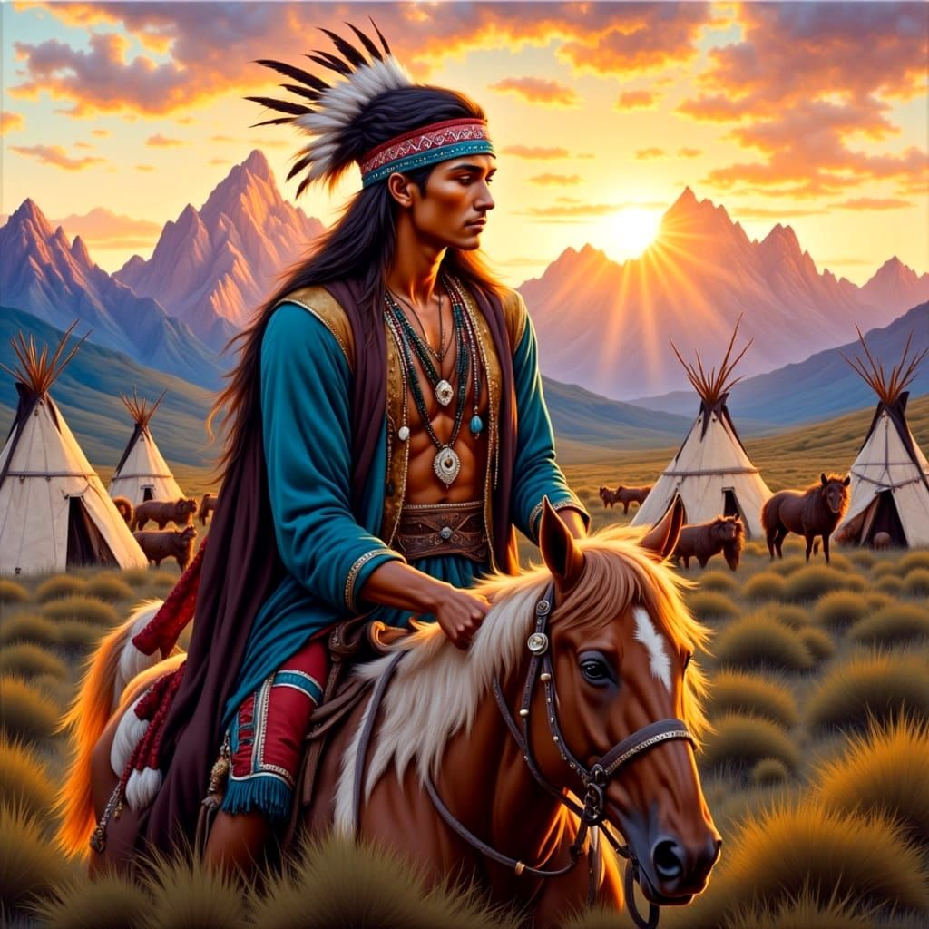 Handsome Native American Indian Chief in Golden Hour