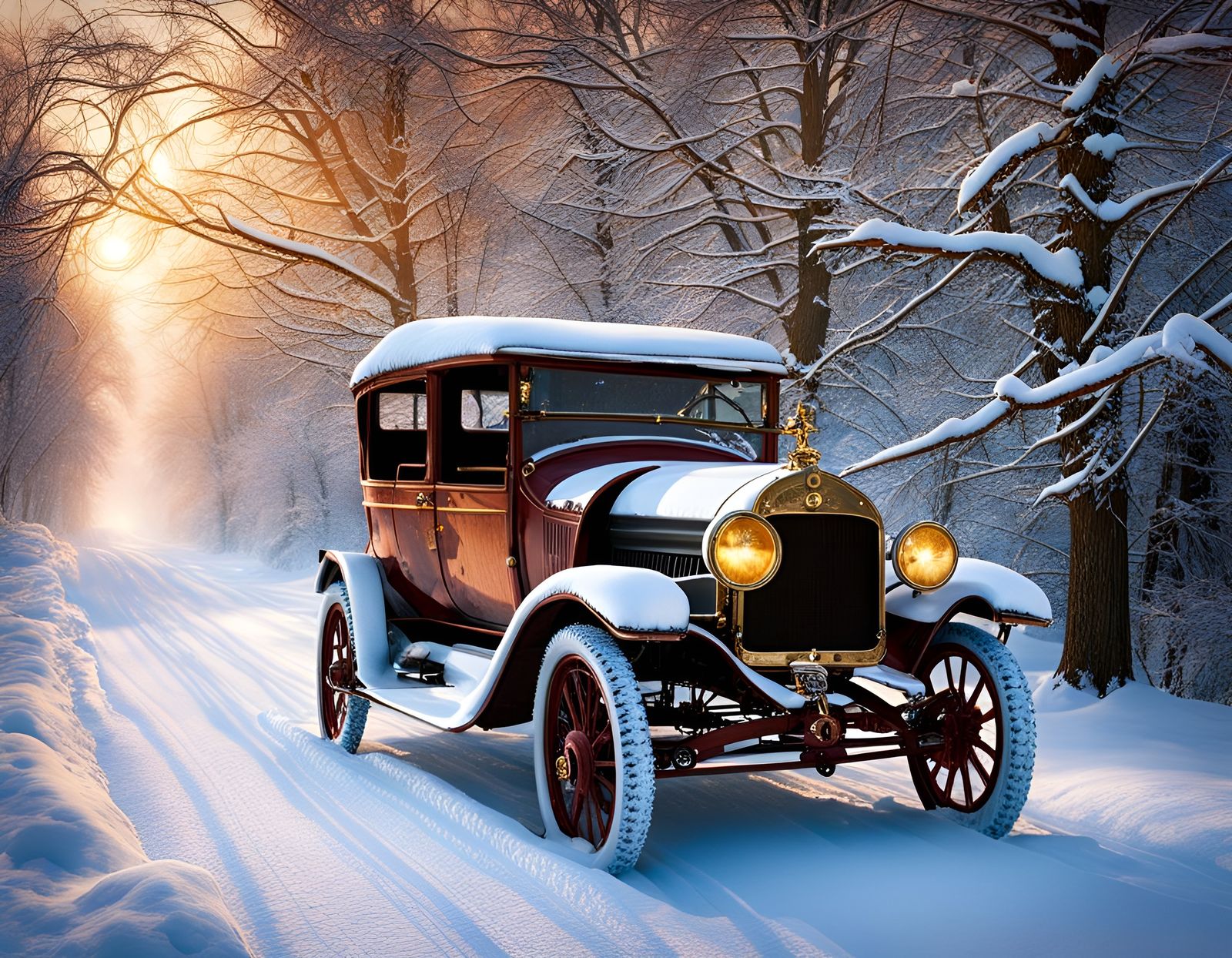Steampunk Jalopy on Snowy Road in Art Nouveau Style