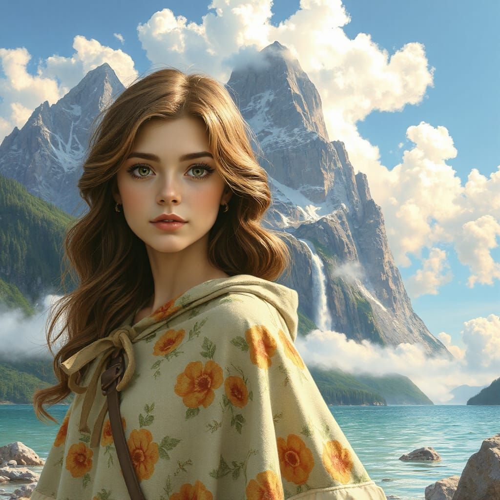 Fantasy Woman in Mountain Landscape with Waterfalls
