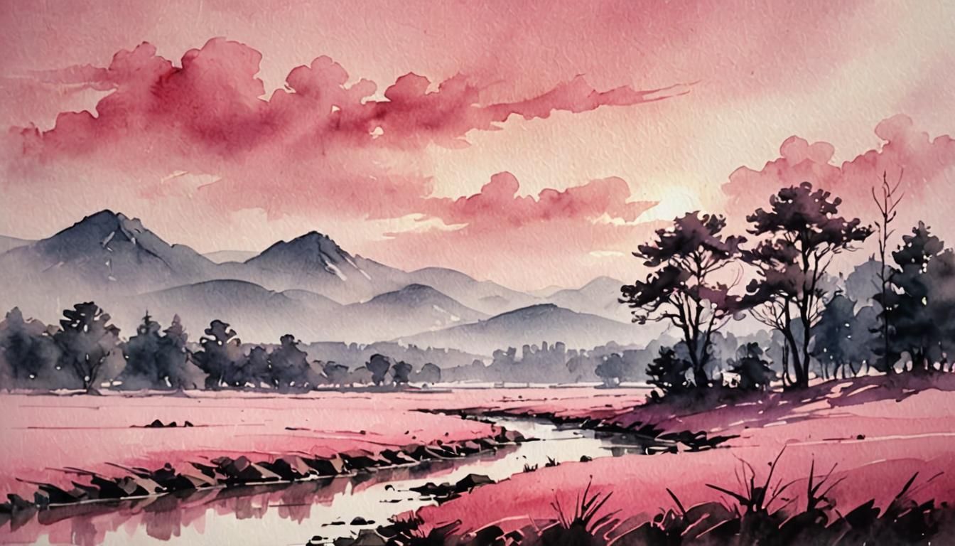 Gentle Pink Landscape in Cel-Shaded Watercolor