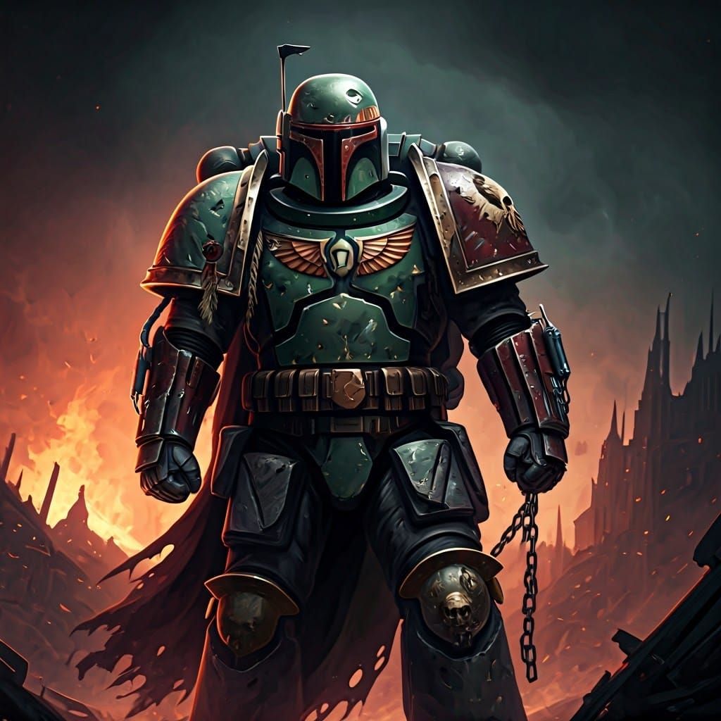 Boba Fett as Chaos Space Marine in Grimdark Cityscape