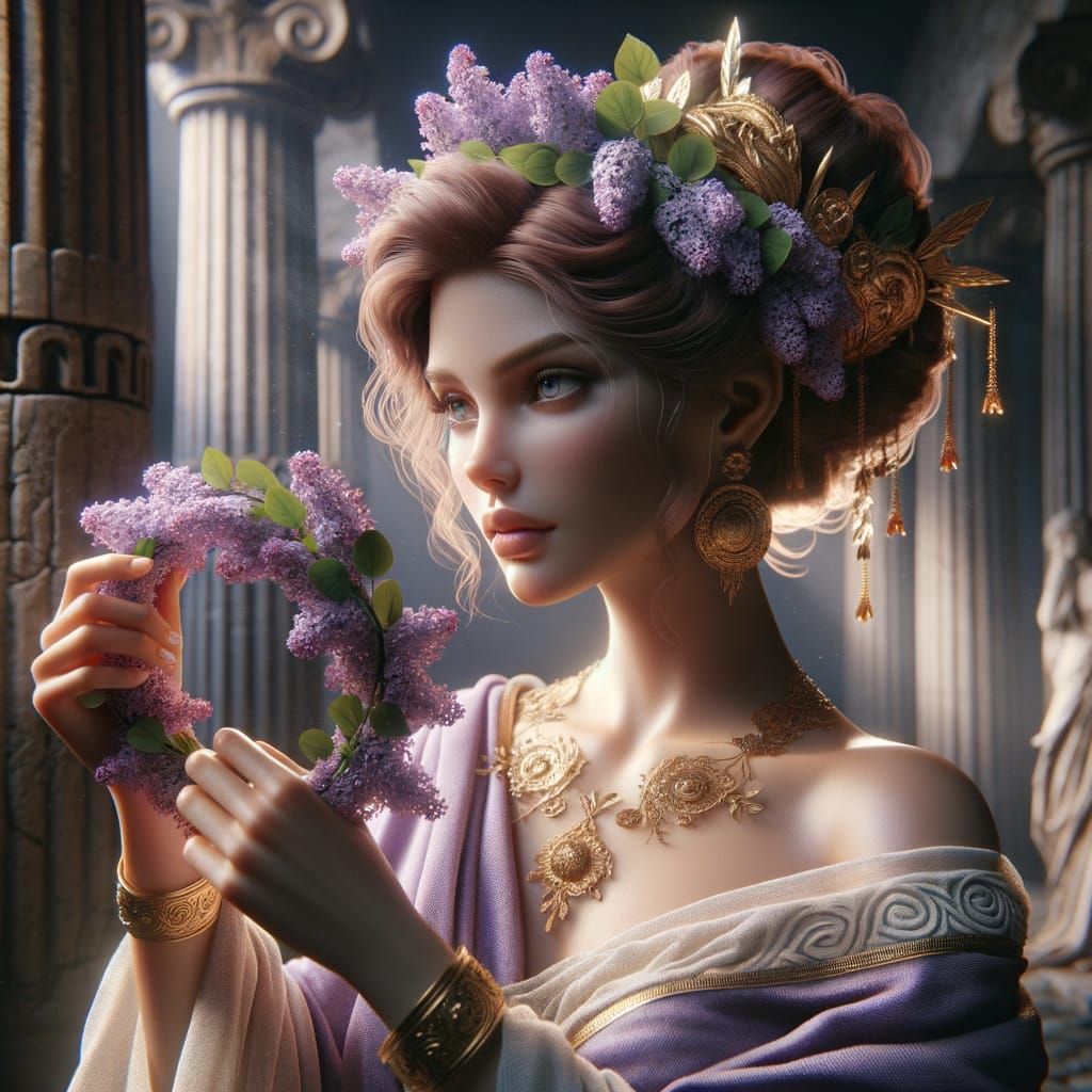Elegant Greek Goddess in Temple Courtyard: Digital Art