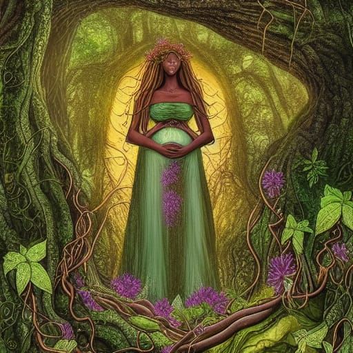 Earth Goddess in Forest, Alphonse Mucha Style